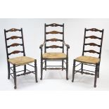 A beech ladder-back carver dining chair with woven string seat & on turned tapered legs & pad feet