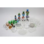 Four coloured glass clown ornaments; & various other items of coloured & plain glassware, part w.a.