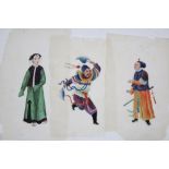 Thirteen various gouache paintings on rice paper, Chinese figure studies, boats, etc.; together with