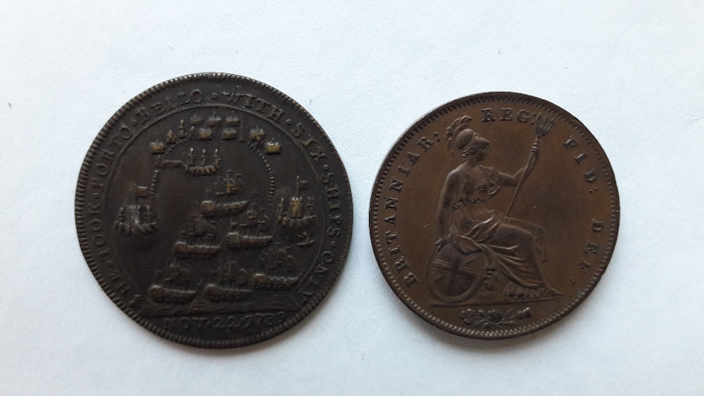 A Victorian copper penny, 1853; together with a bronze medal commemorating Admiral Vernon’s