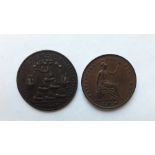 A Victorian copper penny, 1853; together with a bronze medal commemorating Admiral Vernon’s