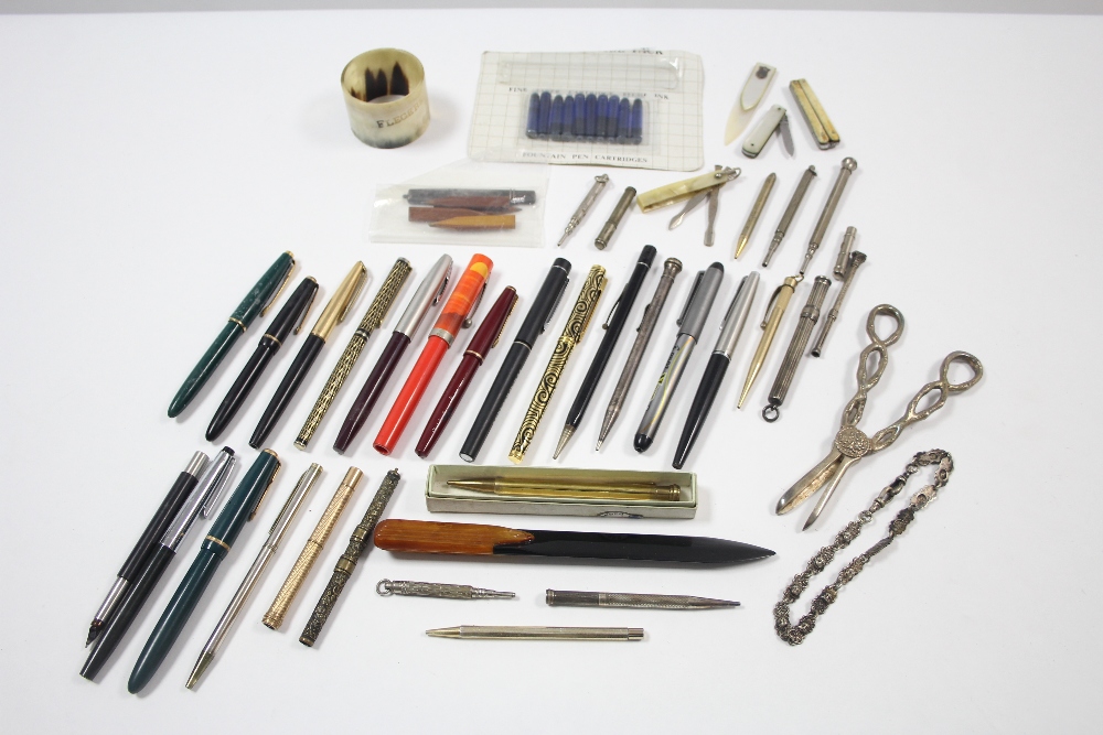 A collection of thirty-one various fountain pens, ball-point pens, & propelling pencils; together