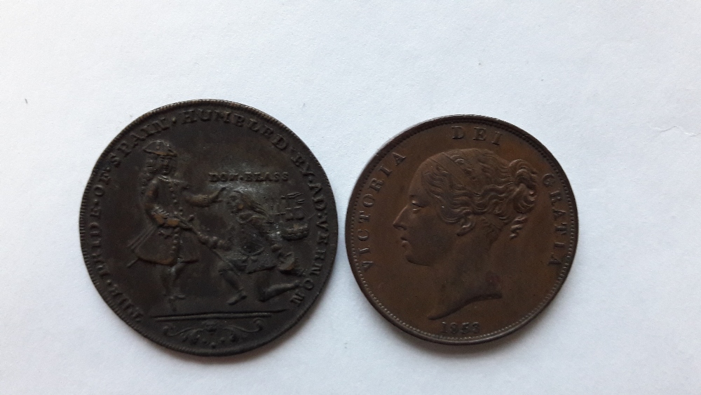 A Victorian copper penny, 1853; together with a bronze medal commemorating Admiral Vernon’s - Image 2 of 2