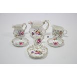 Two Royal Crown Derby “Derby Posies” cream jugs, 3¾” & 3” high; two other floral decorated jugs; &
