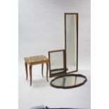 A Sorento ware style needlework table, 14½” wide; together with three wall mirrors.