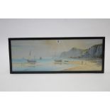 A pair of watercolour paintings by R. Raymond, each depicting a coastal landscape with fishing boats