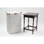 A white painted loom linen basket with hinged lift-lid, 18½” wide x 30¼” high; & an oak square