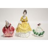 Three Royal Doulton bone china figures “Coralie” (HN 2307), “Goody Two Shoes” (HN 2037), & “Sunday