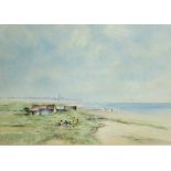 DAY, Brian E. A beach scene with figures to the fore, a tower in the distance. Signed;