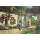 DUTCH SCHOOL, 20th century. A thatched country cottage beside an archway. Signed indistinctly; oil