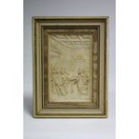 A pair of composition relief plaques depicting Elizabethan figure scenes; 11" x 7", framed &