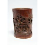 A Chinese bamboo large brush pot with carved figure scenes; 7" high. (w.a.f.).