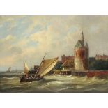 DOMMERSON, William Raymond. A view of Hoorn, Holland, with small sailing vessel to the fore. Signed;