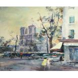 ZIMMERMANN, René. (1904-1991). A busy Paris street scene with Notre Dame Cathedral beyond. Signed;