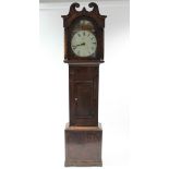An early 19th century longcase clock with painted arch dial, in oak & mahogany case. (Lacking