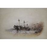 NORIE, Frank V. A three-masted vessel wrecked on a rocky shore, signed; watercolour: 5¼" x 7¼"; &