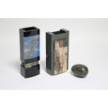 A Russian blue jasper rectangular vase with gilt-metal band, 6¾"; a similar vase of rouge colour,