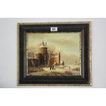 Two modern small oil paintings on board, each depicting a Dutch village winter scene, both signed,