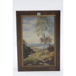 An oil painting on board, of a coastal landscape, unsigned, 21¼” x 13¾”; a still-life study