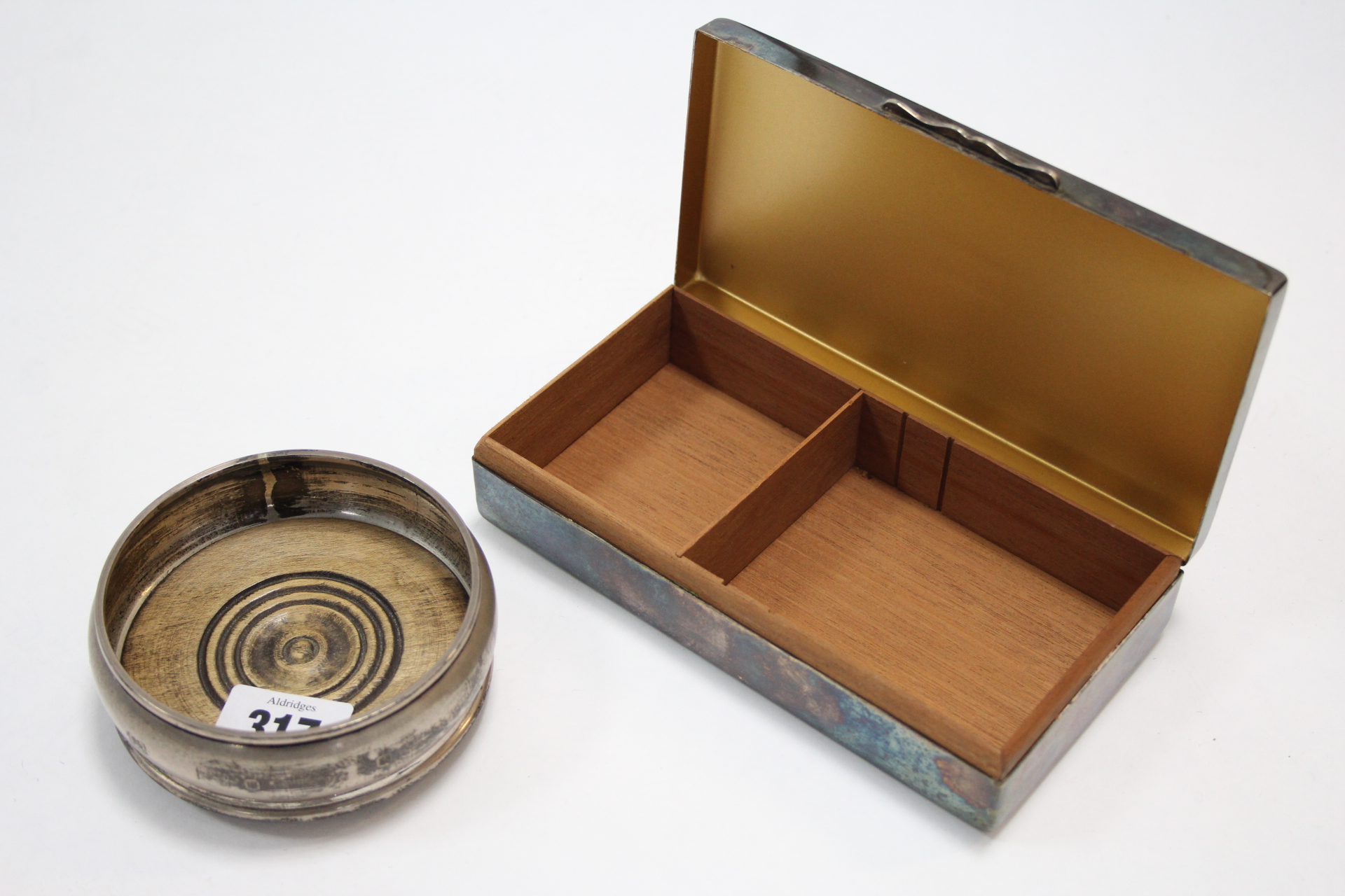 A modern silver coaster with carved treen base, 3½” diam., London 19914; & an EPNS rectangular - Image 2 of 4