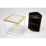 A maple-finish square occasional table on chrome-finish legs and inset frosted glass to top, 16”