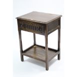 A reproduction oak small pine side table fitted frieze drawer with moulded front, & on square