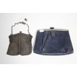 A meshwork evening purse with .925 silver clasp; & a blue leather handbag.