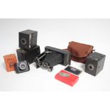 A V.P. Twin Bakelite pocket camera (boxed); a Kodak folding camera; three box cameras; & a pair of