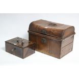 A grained tin small domed-top travelling trunk, 15½” wide; & a ditto cash box, 10” with, with key.