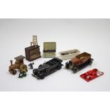 Two lithographed tin-plate large scale model cars; various items of doll’s house furniture, etc.