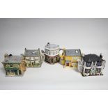 Five Western House t.v. related novelty teapots “Fawlty Towers Hotel”, “The Queen Victoria” (