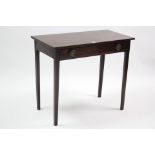 A Georgian mahogany side table fitted frieze drawer & on chamfered square tapered legs, 34½” wide.