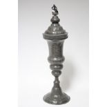 A continental pewter guild cup & cover of slender baluster form, with numerous inscriptions &