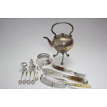 A plain spherical tea kettle on stand (lacking spirit burner); a pair of engraved fish servers