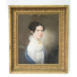 ENGLISH SCHOOL, early 19th century. A half-length portrait of a young lady wearing white chiffon