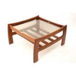 A G-Plan teak square two tier low coffee table on square legs & inset smoked-glass top, 28” wide.