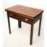 A mahogany tea table with rectangular fold-over top, fitted frieze drawer & on square legs, 31¾”