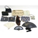 An embroidered brown velvet child’s waistcoat, three fans, five various handbags, etc.