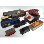 A Hornby Railways “OO” gauge scale model of an 0-6-2 locomotive; various items of rolling stock,