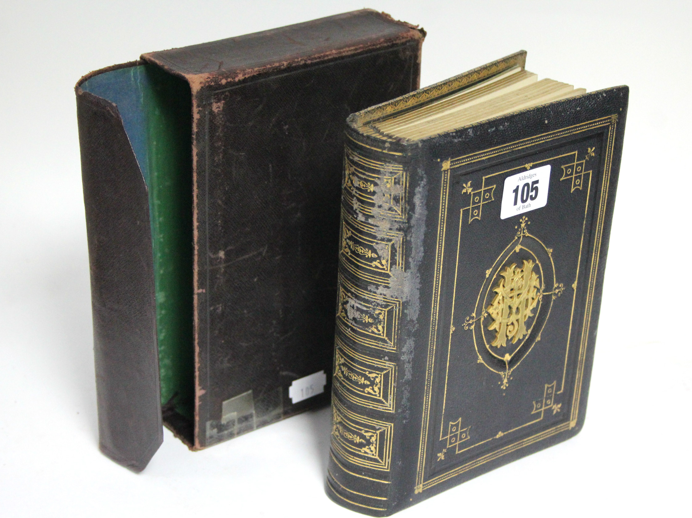 A late 19th century leather-bound volume given to “James Haram Esq, Manager of the National Bank