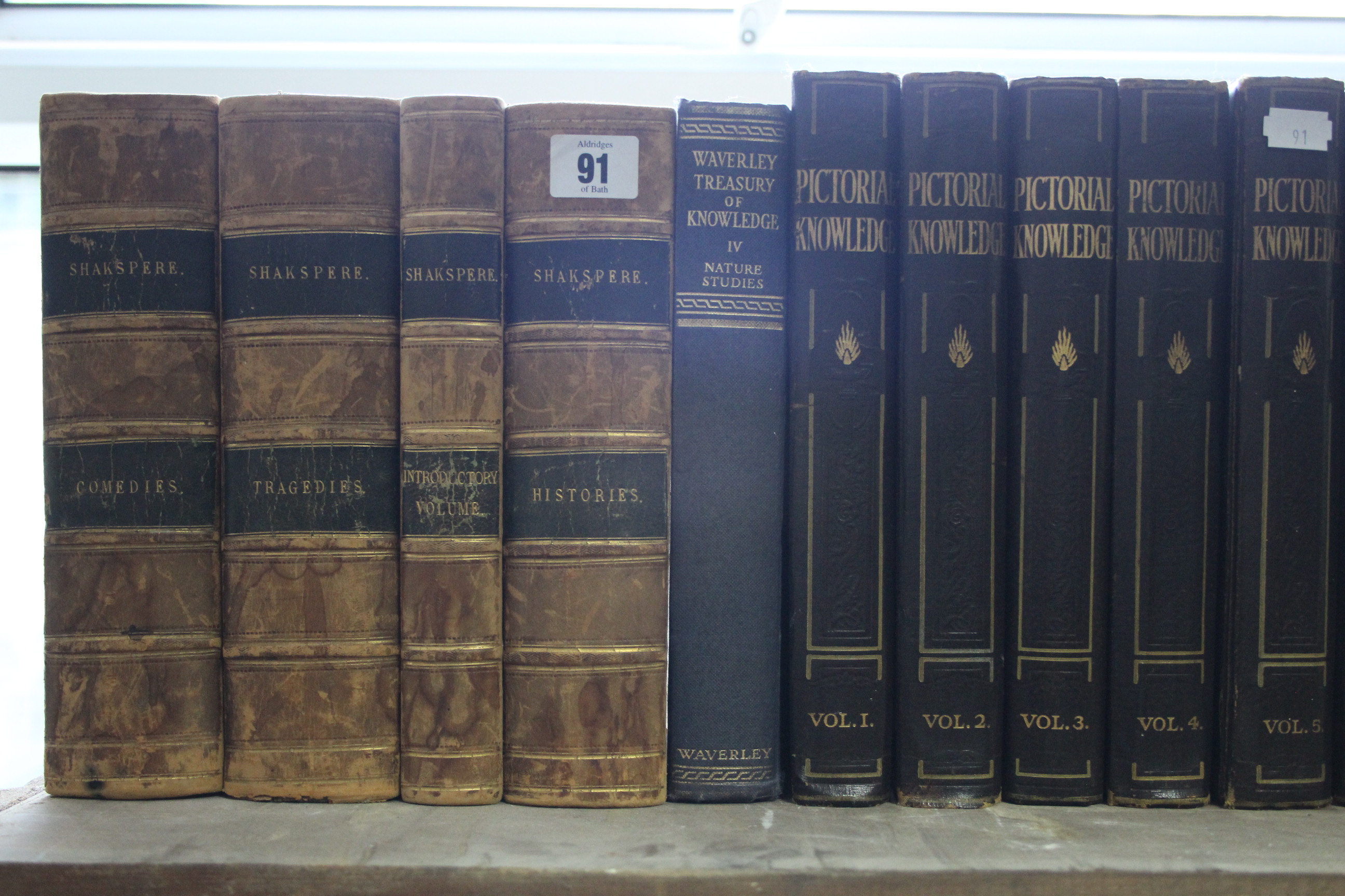 Four leather-bound volumes “Shakspere”; eight volumes “Pictorial Knowledge”; & five various other