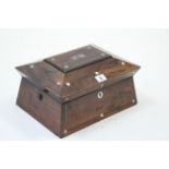A 19th century mother-of-pearl inlaid rosewood needlework box with hinged lift-lid, 12” wide (slight