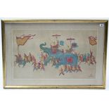 A Vietnamese painting on fabric depicting two elephants & numerous soldiers, signed indistinctly,