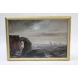 A large oil painting on canvas of a stormy coastal landscape with sailing boats to the background,