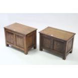 A pair of small oak coffers, each with hinged lift-lid, & with square supports, 21¾” wide x 15¼”