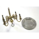 A brass four-branch ceiling light fitting, 18” wide x15” high; & a pewter commemorative dish “1602-