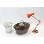 An anglepoise desk lamp; a white enamelled bucket; a galvanised-metal baby’s bath & a watering can.