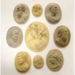 A group of nine 19th century Italian carved lava oval cameos depicting male & female portrait &