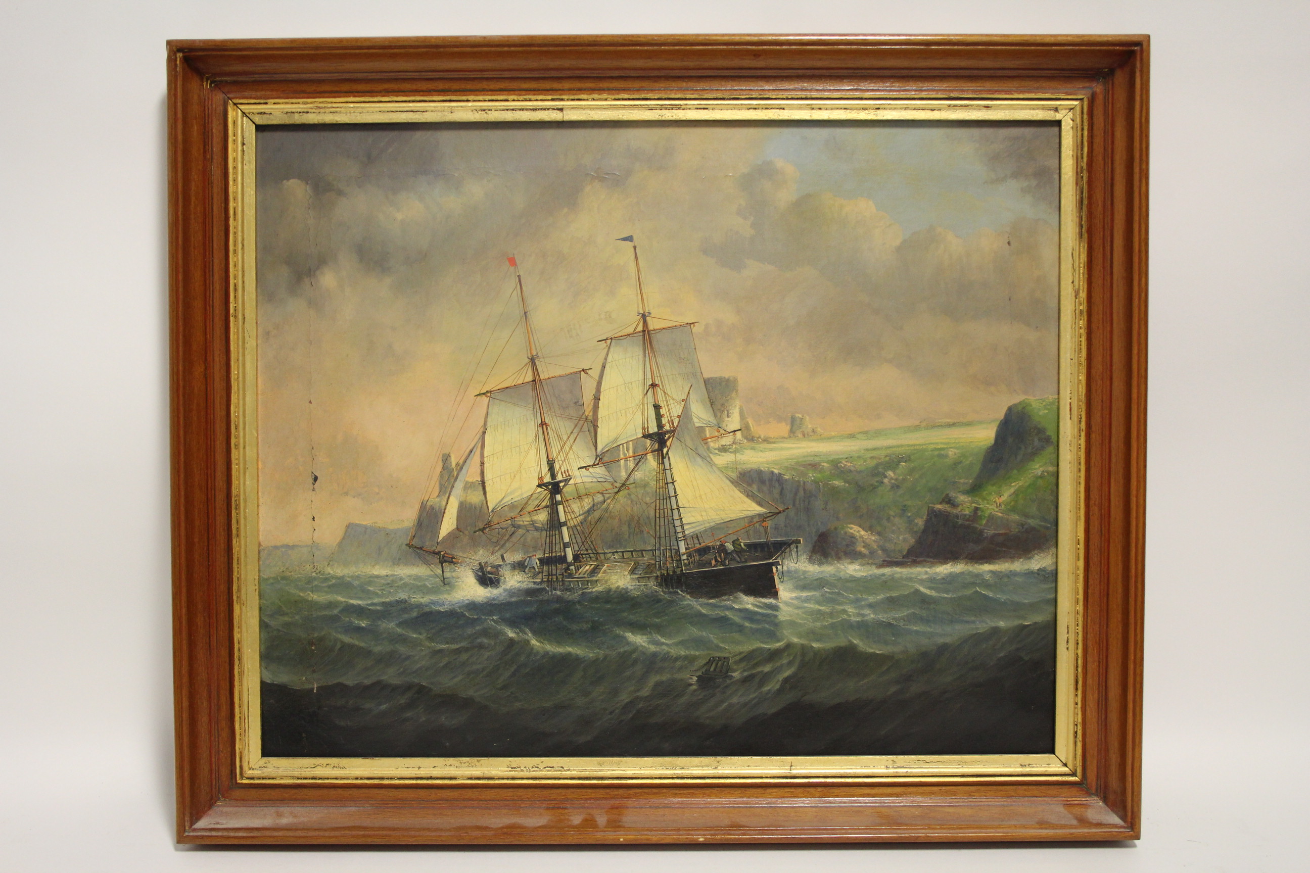 ENGLISH SCHOOL, 19th century. A two-masted cargo vessel off Tantallon Castle. Signed with