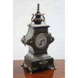 A late 19th century mantel timepiece with 3" diam. white enamel dial, in grey & rouge enamel case